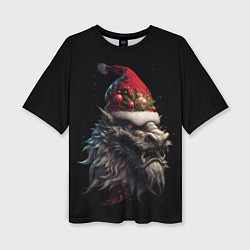 Женская футболка оверсайз Дракон в шапке Санта Клауса: арт нейросети