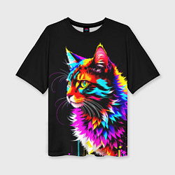 Женская футболка оверсайз Неоновый пушистик - кот