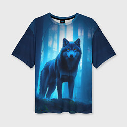 Женская футболка оверсайз Волк в ночном лесу