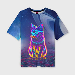 Женская футболка оверсайз Космический неоновый котик - нейросеть