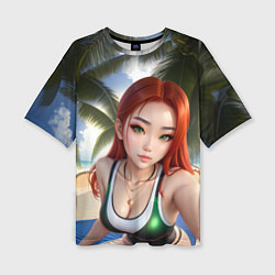 Женская футболка оверсайз Девушка с рыжими волосами на пляже