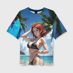 Женская футболка оверсайз Девушка с рыжими волосами на пляже