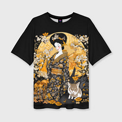 Женская футболка оверсайз Японская гейша с кошкой