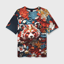 Женская футболка оверсайз Красная панда в цветах