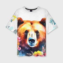 Женская футболка оверсайз Морда медведя гризли с цветами акварелью