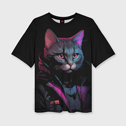 Женская футболка оверсайз Кот в стиле киберпанк