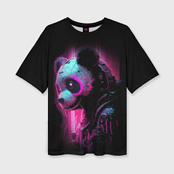 Женская футболка оверсайз Панда киберпанк в фиолетовом свете