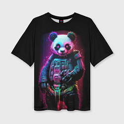 Женская футболка оверсайз Киберпанк панда во весь рост
