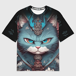 Женская футболка оверсайз Кот самурай сердитый