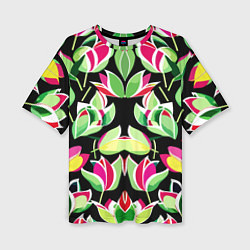 Женская футболка оверсайз Зеркальный паттерн из тюльпанов - мода