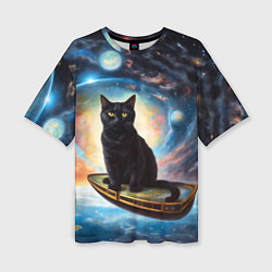 Женская футболка оверсайз Черный кот на космическом корабле летящий в космос