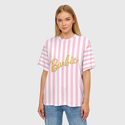 Футболка оверсайз женская Barbie - золотая надпись и бело-розовые полосы, цвет: 3D-принт — фото 2