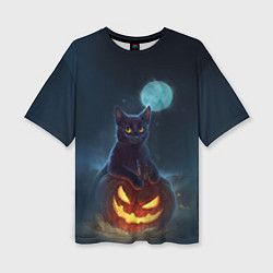 Женская футболка оверсайз Кот с тыквой - хэллоуин