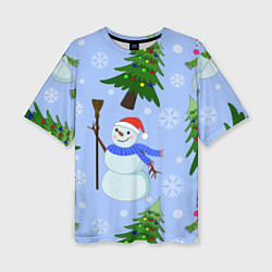 Женская футболка оверсайз Снеговики с новогодними елками паттерн