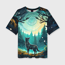 Женская футболка оверсайз Волк в ночном лесу фолк-арт