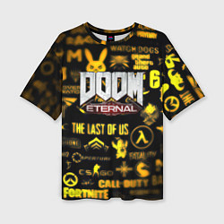 Женская футболка оверсайз Doom золотые логотипы игр
