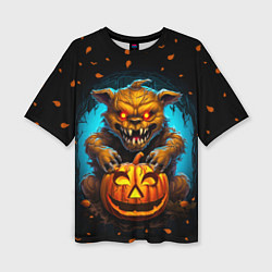 Женская футболка оверсайз Halloween - страшный медведь с тыквой