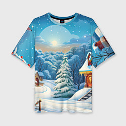 Женская футболка оверсайз Зимний домик и елка