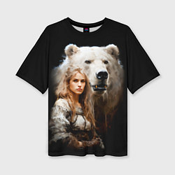 Женская футболка оверсайз Славянка с большим белым медведем