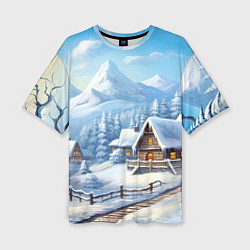 Женская футболка оверсайз Новогодняя зимняя деревня