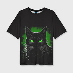Женская футболка оверсайз Портрет черного кота в зеленом свечении