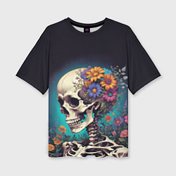 Женская футболка оверсайз Скелет с яркими цветами
