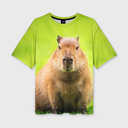Женская футболка оверсайз Capybara on green grass