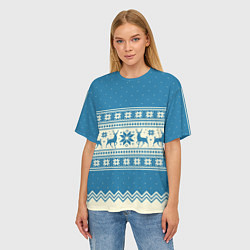 Футболка оверсайз женская Sweater with deer on a blue background, цвет: 3D-принт — фото 2