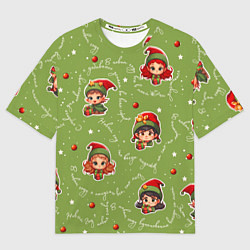 Женская футболка оверсайз Эльфы и новогодние фразы - паттерн