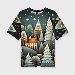 Женская футболка оверсайз Ночной снегопад в лесу