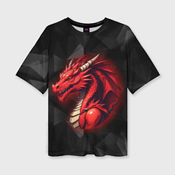 Женская футболка оверсайз Красный дракон на полигональном черном фоне