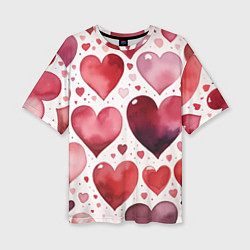 Женская футболка оверсайз Паттерн акварельные сердечки