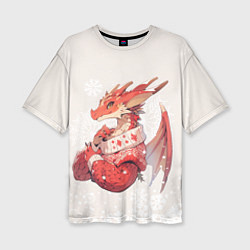 Футболка оверсайз женская Красный дракон в свитере, цвет: 3D-принт