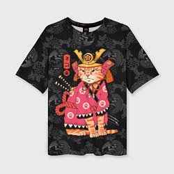 Женская футболка оверсайз Кот самурай в розовом кимоно