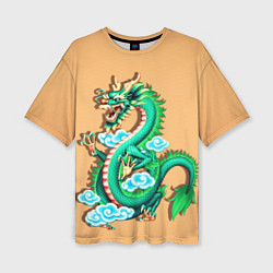 Женская футболка оверсайз Зелёный дракон на оранжевой текстуре