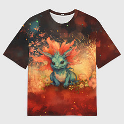 Женская футболка оверсайз Дракон на фоне салютов