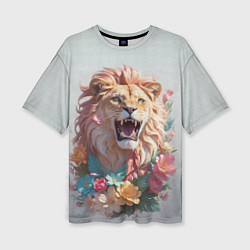 Женская футболка оверсайз Голова льва в цветах на холсте