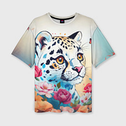 Женская футболка оверсайз Мультяшный леопард в цветах