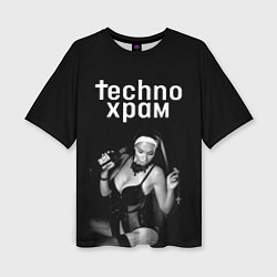 Женская футболка оверсайз Techno храм монашка с бутылкой