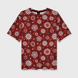 Женская футболка оверсайз Snowflakes on a red background