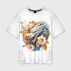 Женская футболка оверсайз Китайский дракон в цветах сакуры