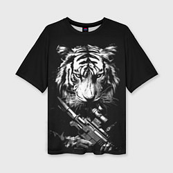 Женская футболка оверсайз Тигр с винтовкой