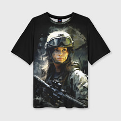 Женская футболка оверсайз Девушка воин в боевой экипировке