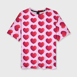Женская футболка оверсайз Красные сердца на розовом фоне