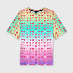 Женская футболка оверсайз Паттерн сердечки на разноцветном фоне