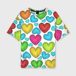 Женская футболка оверсайз Сердца нарисованные цветными карандашами