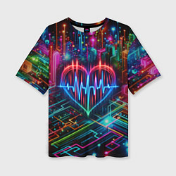 Женская футболка оверсайз Неоновое сердце - кардиограмма
