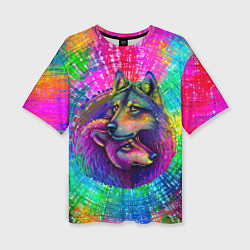 Женская футболка оверсайз Цветные волк с волчицей