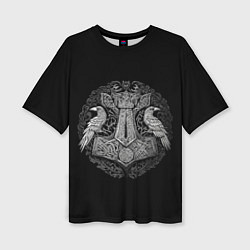 Женская футболка оверсайз Вороны и символ молот тора - мьёльнир