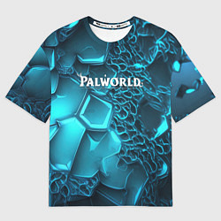 Женская футболка оверсайз Palworld логотип на ярких синих неоновых плитах